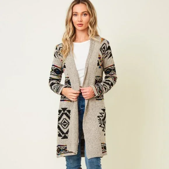 new ON BLUE SWEATER CARDIGAN WRAP boho western AZTEC TRIBAL TAUPE jacquard SM-3X - Picture 7 of 9